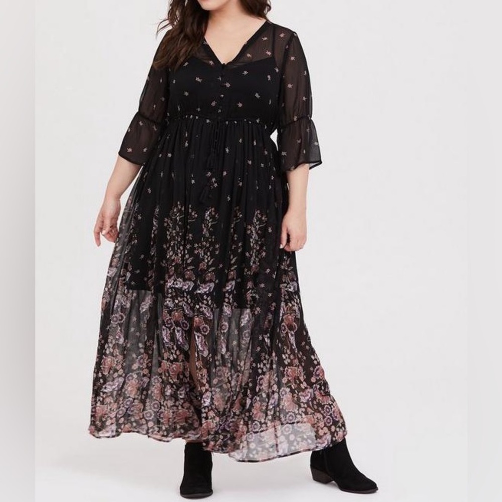 Torrid Black and Pink Floral Maxi Chiffon Dress (liner not included)